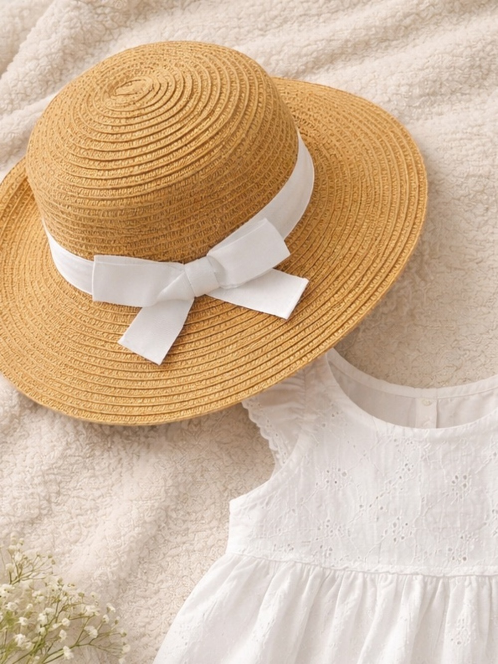 Old Navy Baby Straw Sun Hat 6-12M White Bow Wide Brim Summer Beach Hat